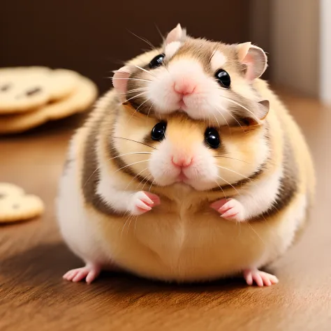 Chibi,hamster,Cartoon fat hamster eats cookies,sittiing,Aggressive eyes,Detailed body, Background Kitchen Hood,Cute face,Cookie Retention,