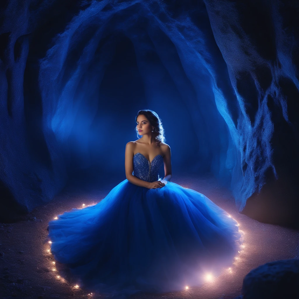 hermosa chica、Parece una princesa con un vestido azul oscuro en
