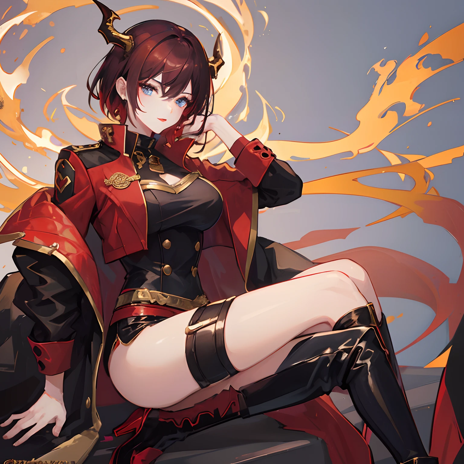 woman, brunette waivy short hair, gold-blue eyes, long boots, red and black outfit modern with oriental elements, dragon horns and dragon tail, red lipstick, in jacket with golden elements