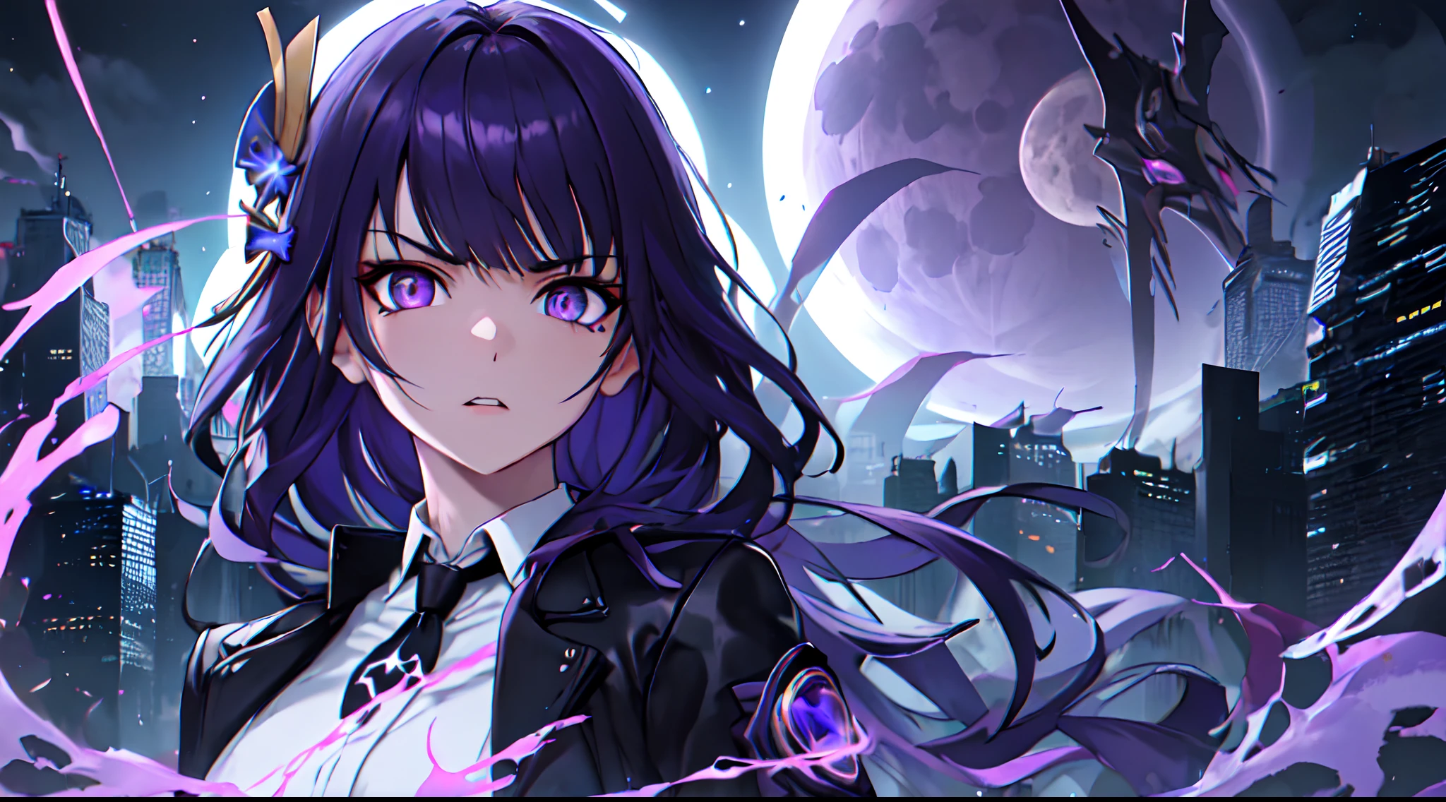 masterpiece, best quality, raiden shogun \(genshin impact\), (purple hair), medium_breast, purple_eyes, (1girl), perfect lightning, mature female, beautiful face, detailed face, detailed eyes, 8k, looking at viewer, black jacket, (white shirt), black long pants, city, pose, black tie, tie, jacket with fur, night, science fiction, dark purple strip light, future city, futuristic city, dark purple light, serious, dark purple dominance, purple moon, moon, serious face