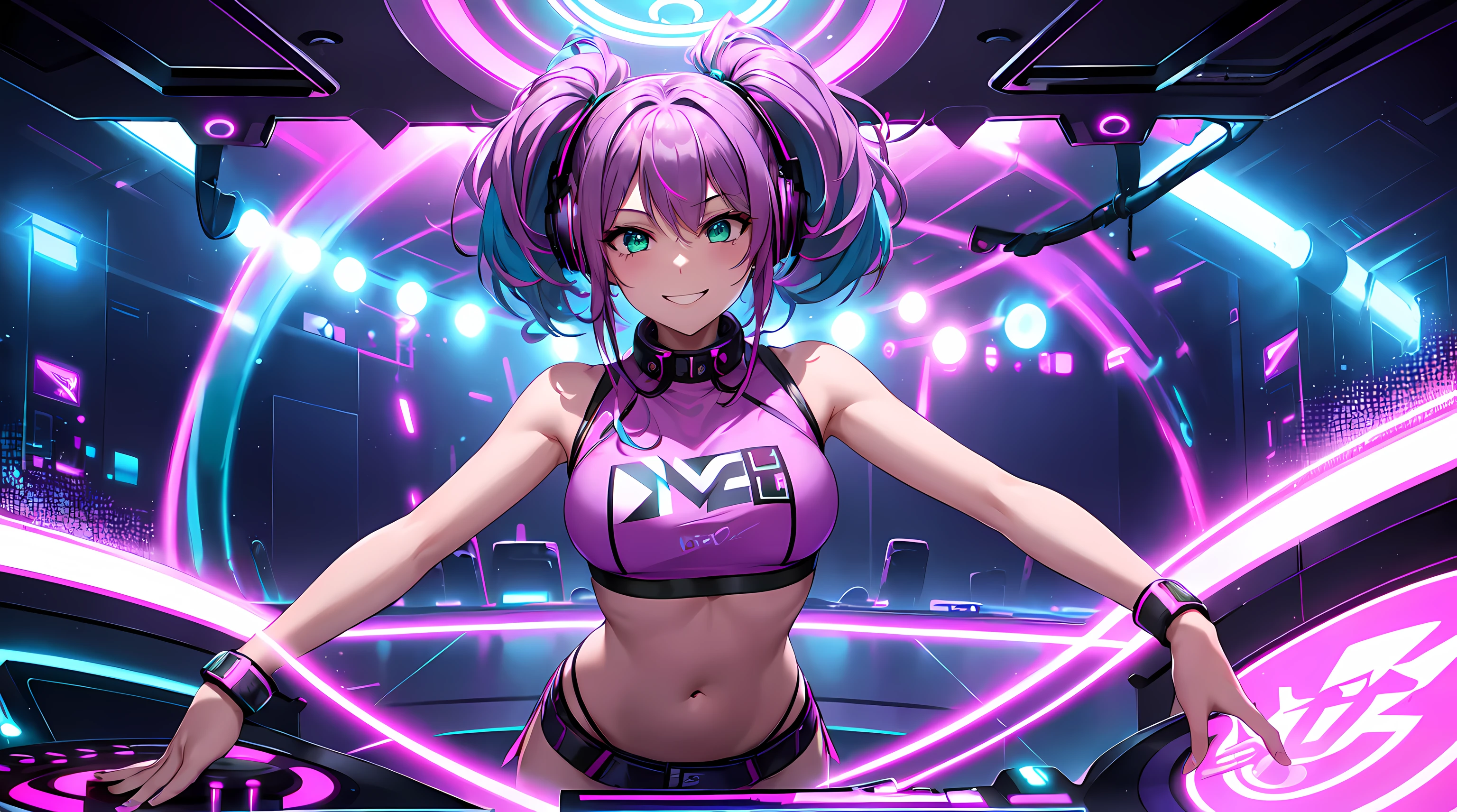 ​masterpiece, 1girl ((20year old, crop top shirt exposes navel, purple miniskirt, sneakers, medium breasts, multicolor pink hair, twin ponytails, green eyes, flirting, happy, big smile, looking forward, headphones, standing behind a DJ turntable, DJ music in a dance club, neon lighting and colorful, futuristic dance club, futuristic and exciting atmosphere)) ((solo))