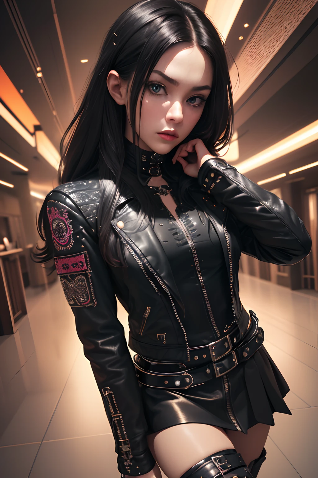 (best quality,highres,masterpiece:1.2),devote slavegirl,beautiful detailed face,flowing long hair, three stylish studdet belts,edgy leather jacket,sleek leather boots,chic leather skirt,determined gaze, official art, beautiful and aesthetic:1.2), extreme detailed,(fractal art:1.3),colorful,highest detailed