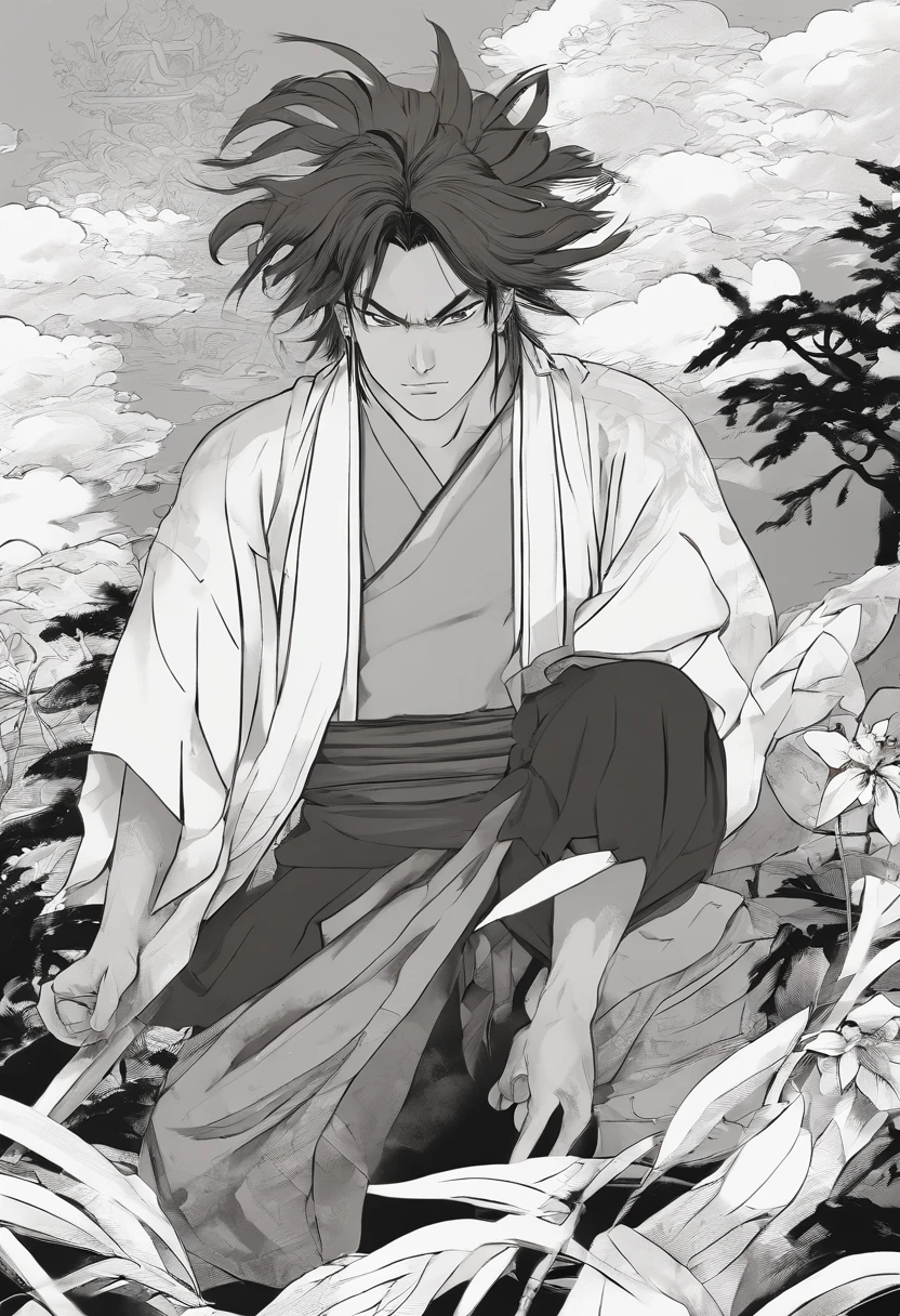 (Manga, comic, black and white, scenery, panels,MIYAMOTO MUSASH I,vagabond ), (best quality, masterpiece), MIYAMOTO MUSASHI, 1sumarai, dappled sunlight, indoors, kimono, hair tied  , shy, 1 sumarai, man , (goosebumps:0.7), manly face, (small scars, tied hair :0.9), 4k, 8k, uhd, hdr, detailed background, background