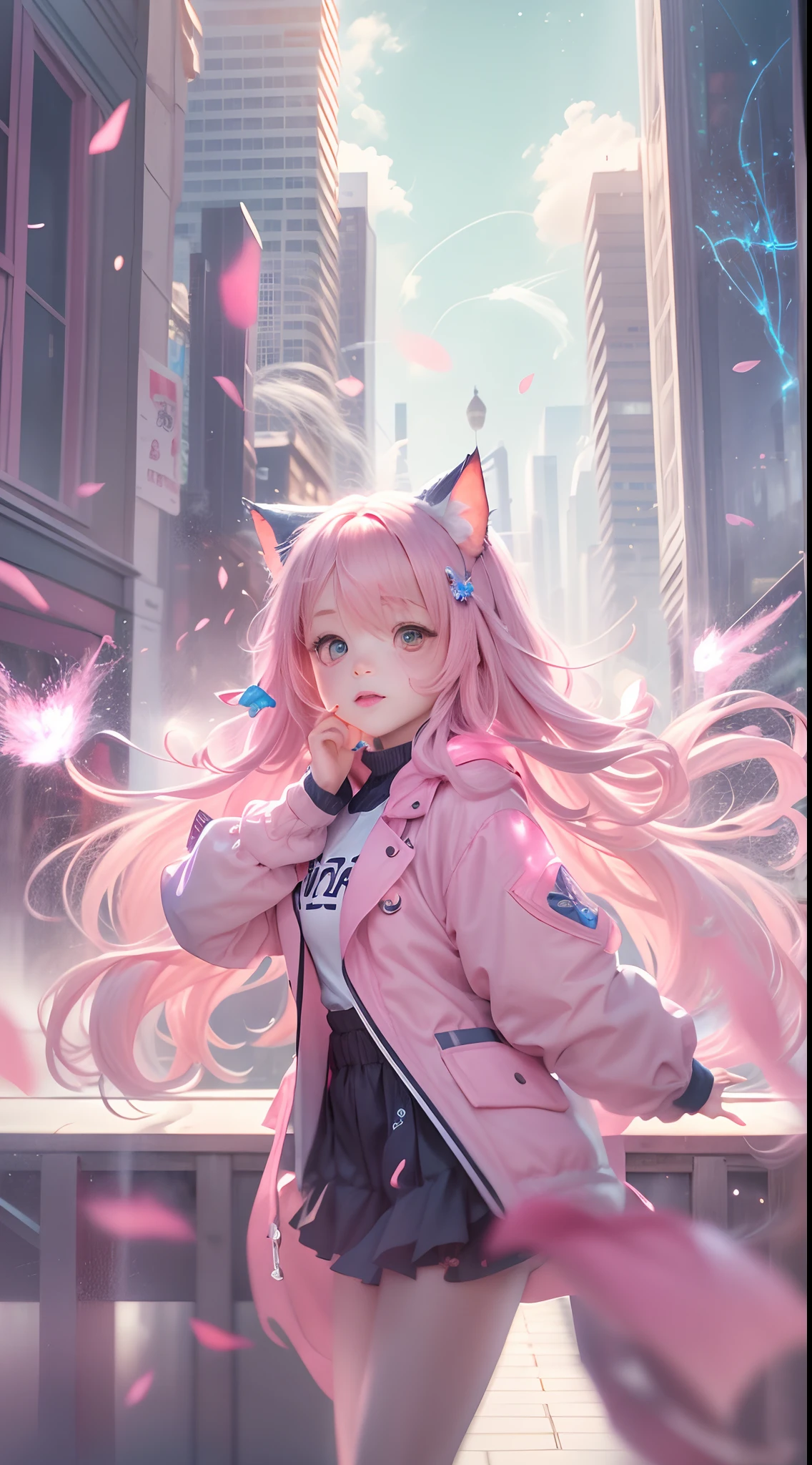 Best Quality, Masterpiece, 8k, RAW, Pink Silk Cat Ear Girl, Cute, Shy, pink long hair, playful, soft light,  pink Cute Clothing，(Full-body portrait), (Particles:1.2), City Background