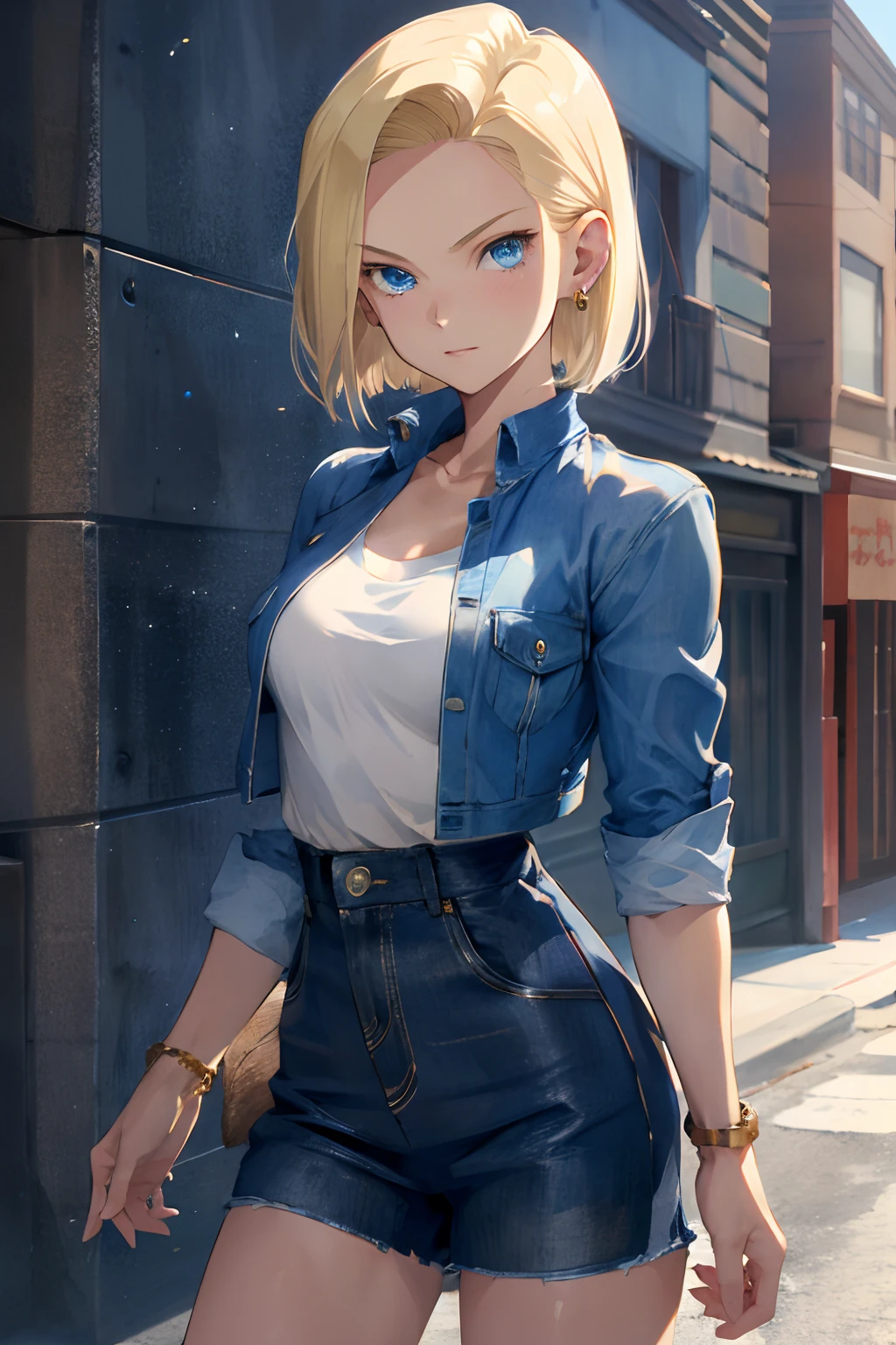 best quality, highres, and18, 1girl, android 18, solo, blonde hair, blue eyes, short hair, earrings, jewelry, medium breasts, cowboy shot, street,