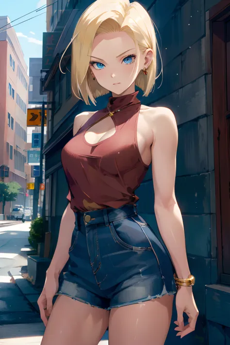 best quality, highres, and18, 1girl, android 18, solo, blonde hair, blue eyes, short hair, earrings, jewelry, medium breasts, co...