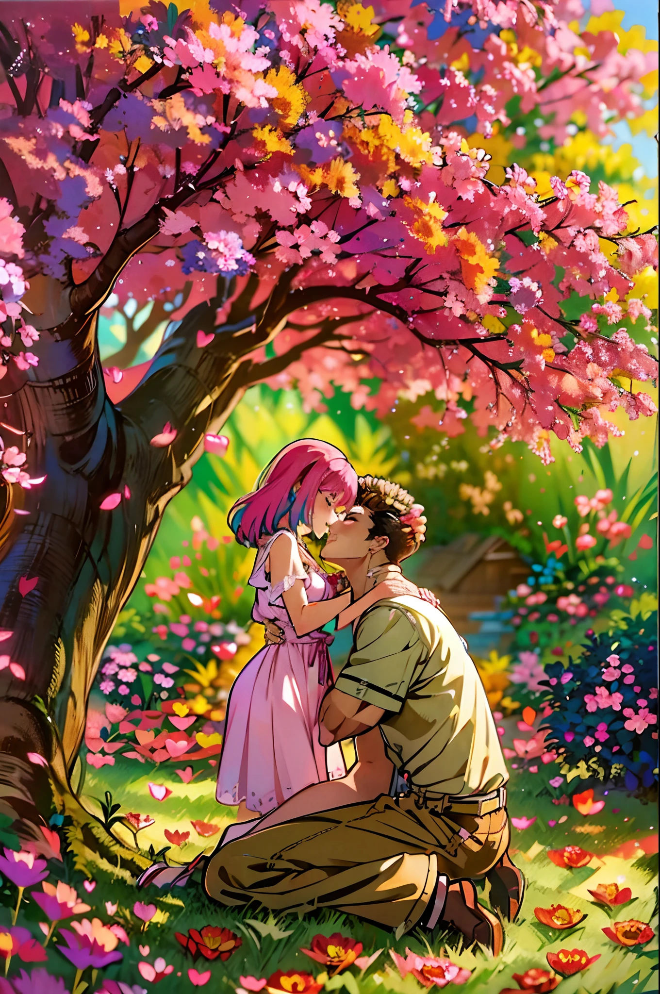 (ultra-détaillé, haute résolution, 1.37), (HDR, Couleurs vives), couple amoureux, riamu et tripes, une belle journée ensoleillée dans le parc, mari et femme profitant d&#39;un pique-nique romantique sous un arbre ombragé. Les gestes affectueux et les sourires affectueux du couple créent une atmosphère réconfortante. La lumière du soleil illumine doucement leurs visages, mettant en valeur leurs beaux yeux et leurs expressions joyeuses. La composition capture un moment de tendresse alors que le mari se penche pour déposer un doux baiser sur la joue de sa femme.. La scène est remplie de bonheur et d&#39;amour, avec des fleurs colorées en pleine floraison et une douce brise bruissant les feuilles. Les couleurs vives et les détails réalistes donnent vie à l&#39;image, créant un chef-d&#39;œuvre époustouflant qui capture parfaitement l&#39;essence de l&#39;amour et de l&#39;affection d&#39;un couple heureux.