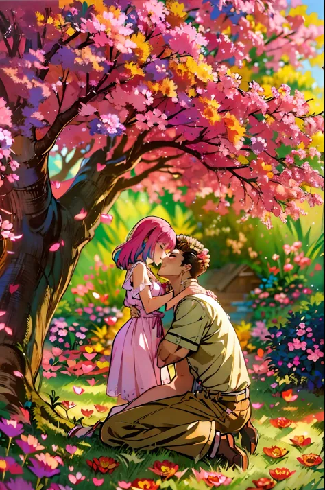 (ultra-detailed, highres, 1.37), (HDR, vivid colors), couple in love, riamu and guts, a beautiful sunny day in the park, husband...
