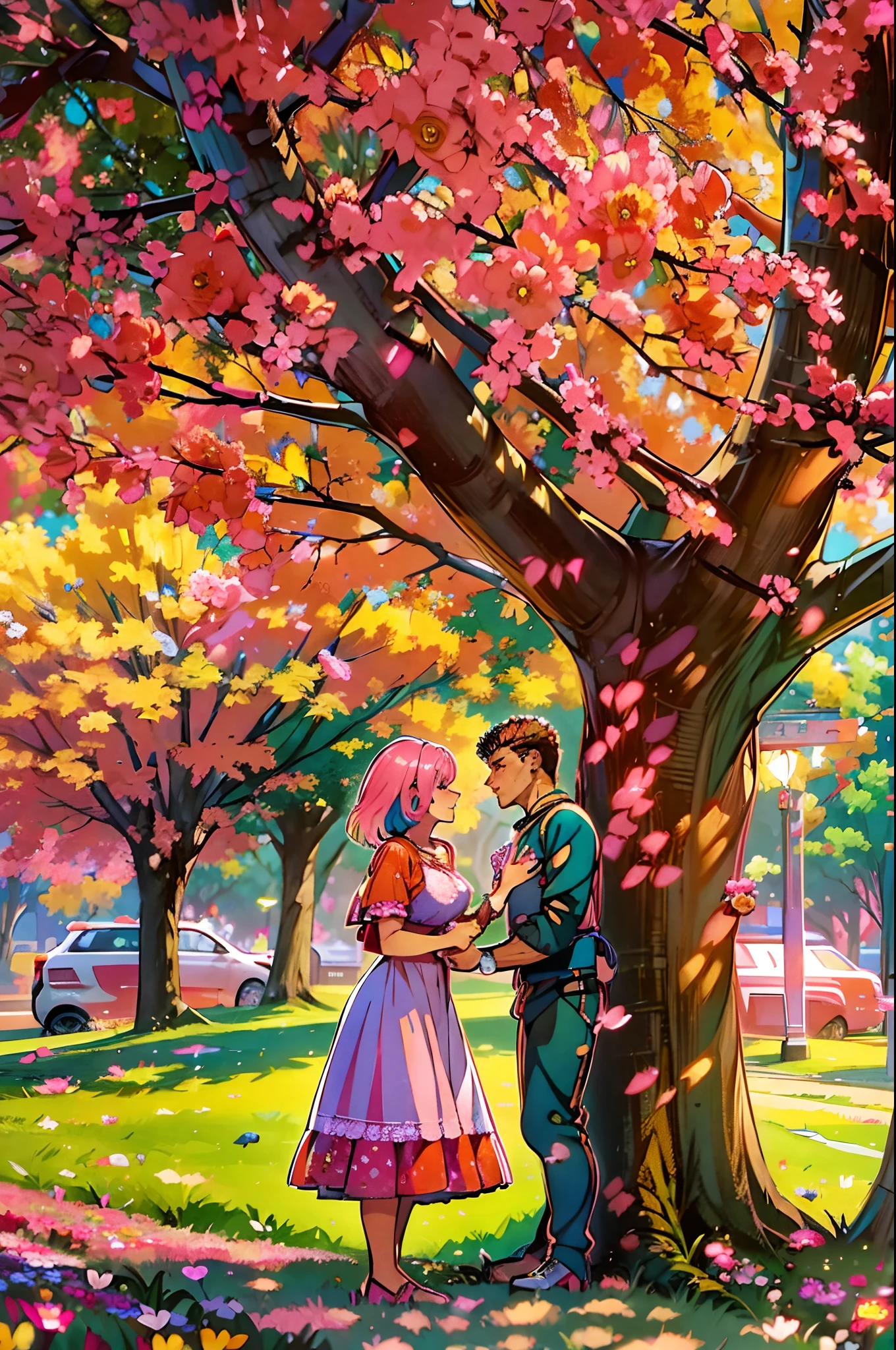 (ultra-detailliert, highres, 1.37), (HDR, lebendige Farben), Verliebtes Pärchen, riamu and guts, ein schöner sonniger Tag im Park, Mann und Frau genießen ein romantisches Picknick unter einem schattigen Baum. Die liebevollen Gesten und das liebevolle Lächeln des Paares schaffen eine herzerwärmende Atmosphäre. Das Sonnenlicht erhellt sanft ihre Gesichter, Hervorhebung ihrer schönen Augen und freudigen Ausdrücke. Die Komposition fängt einen zärtlichen Moment ein, als der Ehemann sich vorbeugt, um seiner Frau einen sanften Kuss auf die Wange zu geben. Die Szene ist voller Glück und Liebe, mit bunten Blumen in voller Blüte und einer sanften Brise, die die Blätter rascheln lässt. Die lebendigen Farben und realistischen Details erwecken das Bild zum Leben, ein atemberaubendes Meisterwerk zu schaffen, das die Essenz der Liebe und Zuneigung eines glücklichen Paares perfekt einfängt.