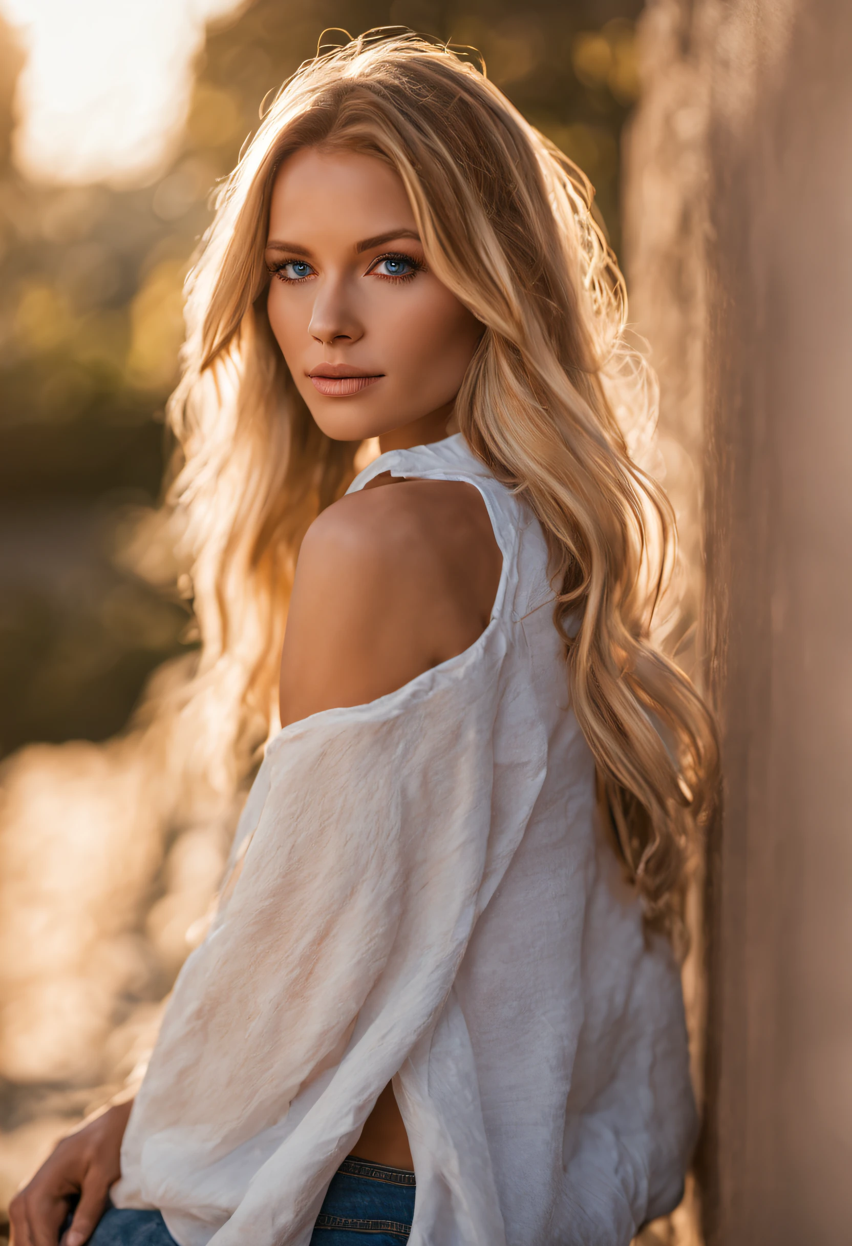 A photorealistic portrait of a 25-year-old American girl with long, flowing blonde hair and striking blue eyes, approachable expression and be illuminated by soft, golden-hour sunlight. The background should be a scenic outdoor setting, perhaps a sunlit beach. Capture this image with a high-resolution photograph using an 85mm lens for a flattering perspective, super no clothes, super short hair, sitting her back towards the camera with legs opened, tall neck, super realistic photography, very beautiful butt,