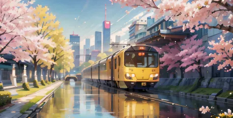 )(master part, best quality), )(Yellow Maglev Train Pixel Coming Out Of A Tunnel), Cherry blossom at the top of the tunnel, (Lak...