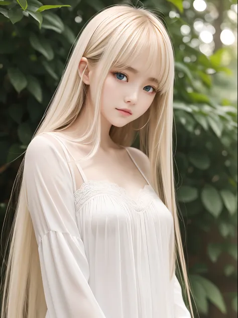Beautiful silky white beautiful skin、long bangs that reach the eyes、The most beautiful face in the world、Glossy Blonde Straight Super Long、bright expression、Small face beauty、glowing bright pale colored eyes、Cheek luster、Clothes have large breasts、17-year-...