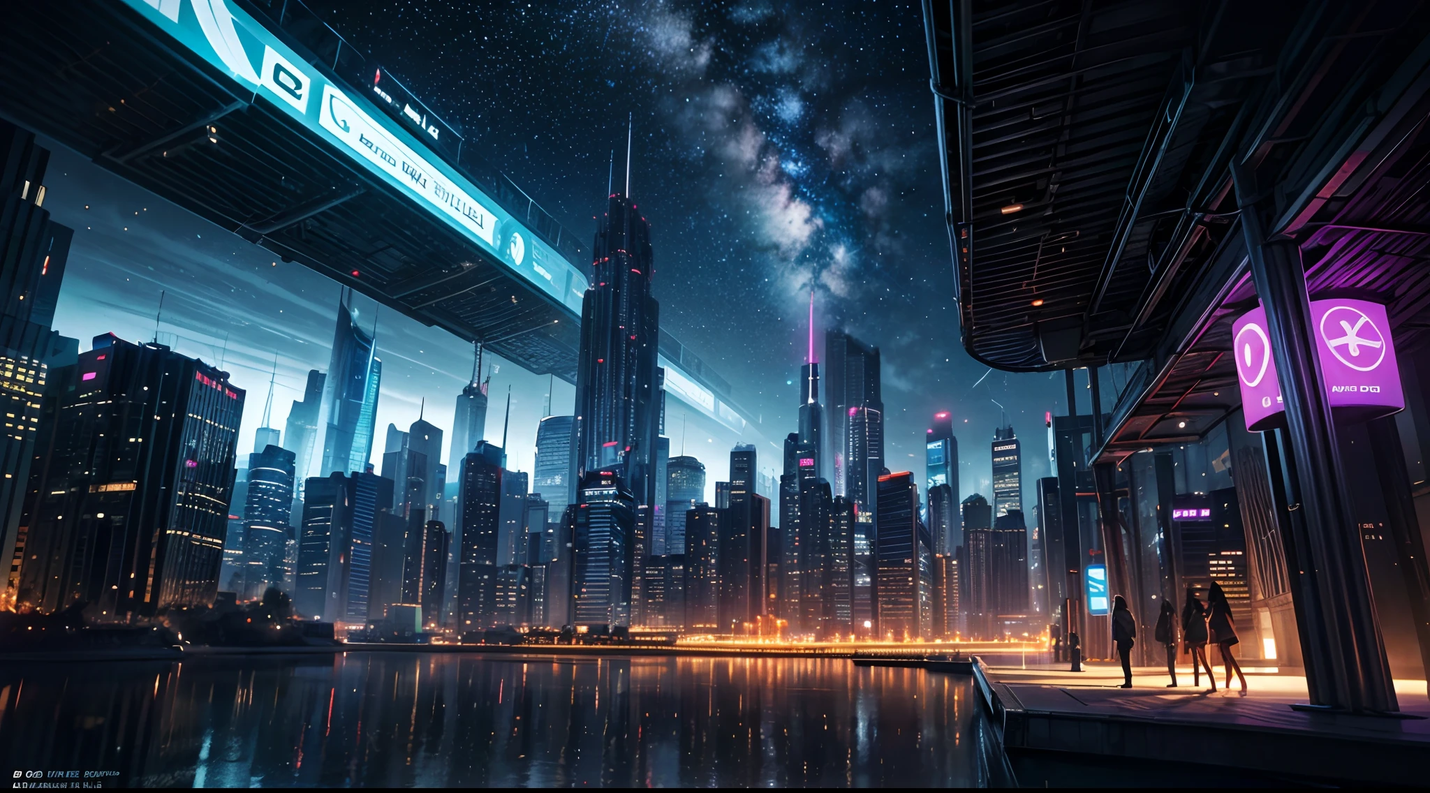 Una escena de colonia fuera del mundo en la mayor calidad posible., con resolución 4k u 8k, mostrando imágenes ultra detalladas y fotorrealistas. La escena representa un paisaje urbano futurista en un planeta distante., con imponentes rascacielos y estructuras arquitectónicas que reflejan una combinación de tecnología avanzada y elementos orgánicos. La ciudad está llena de actividad., featuring vehículos voladores and transportation systems seamlessly integrated into the landscape. La iluminación de la escena es dinámica., with Luces de neón vibrantes and illuminated signs creating a futuristic and energetic ambiance. La paleta de colores irradia una sensación de asombro y novedad., with a mix of blues fresco, morados profundos, y acentos vívidos de vibrantes tonos futuristas. La escena también muestra la belleza natural del entorno fuera del mundo.: an cielo alienígena filled with Islas flotantes, múltiples lunas, y estrellas brillantes. El mensaje debe incluir etiquetas como tecnología avanzada., Paisaje urbano futurista, bulliciosa vida de la ciudad, vehículos voladores, Luces de neón vibrantes, iluminación dinámica, blues fresco, morados profundos, colores vívidos futuristas, cielo alienígena, Islas flotantes, múltiples lunas, y estrellas brillantes.