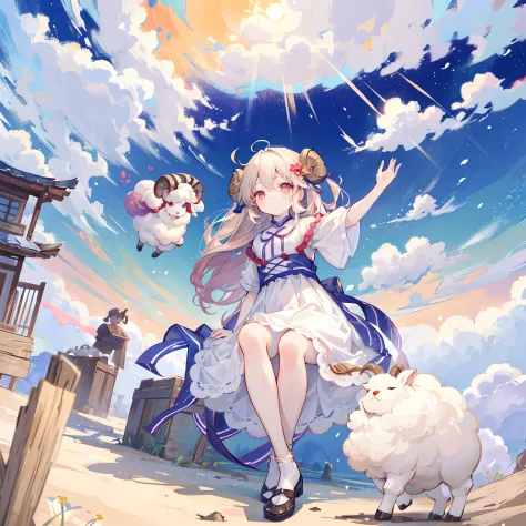 there are three sheeps that are jumping in the air, 中 元 节, soft and warm, [ [ soft ] ], soft coloring, art cover, lamb and goat ...