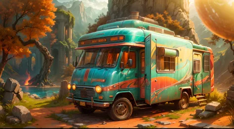 masterpiece, concept art, fantasy theme, (fantasy RV vehicle:1.2), cozy, camping, vibrant color, fantasy mythical ancient ruins background, volumetric lighting, global illumination, reflection, HD,