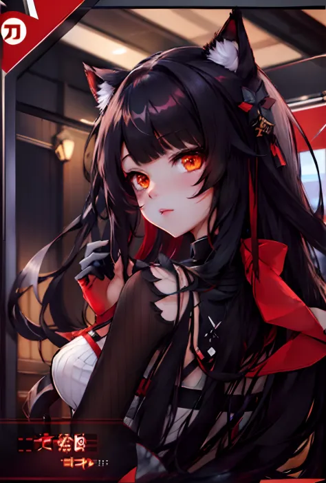 anime character with long black hair and cat ears and red ayes, from arknights, from girls frontline, ayaka genshin impact, from the azur lane videogame, azur lane style, fine details. girls frontline, anime moe artstyle, anime girl with cat ears, characte...