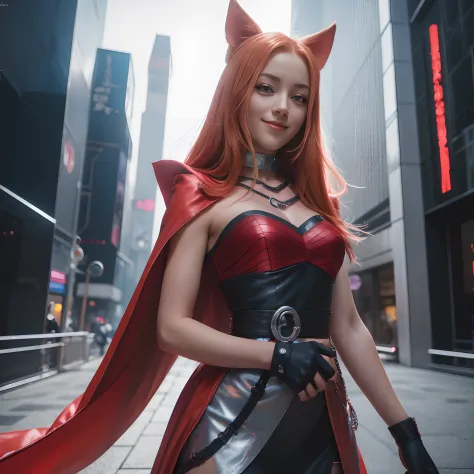 little red riding hood costume 23-year-old woman orange hair beautiful face tender look mischievous smile cyberpunk anime manga ...