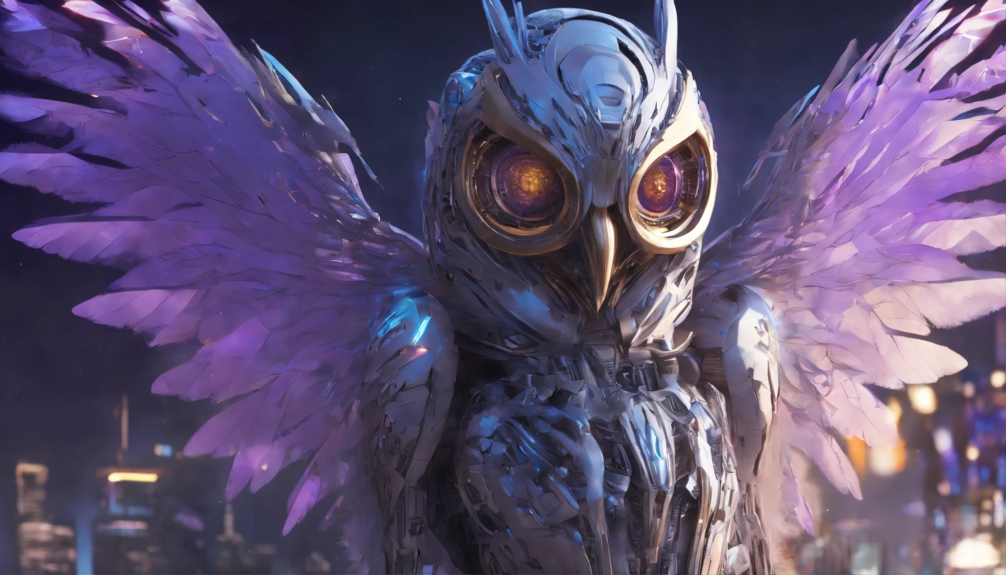 a hyperrealistic cinematic scene featuring a cybernetic alien owl ...