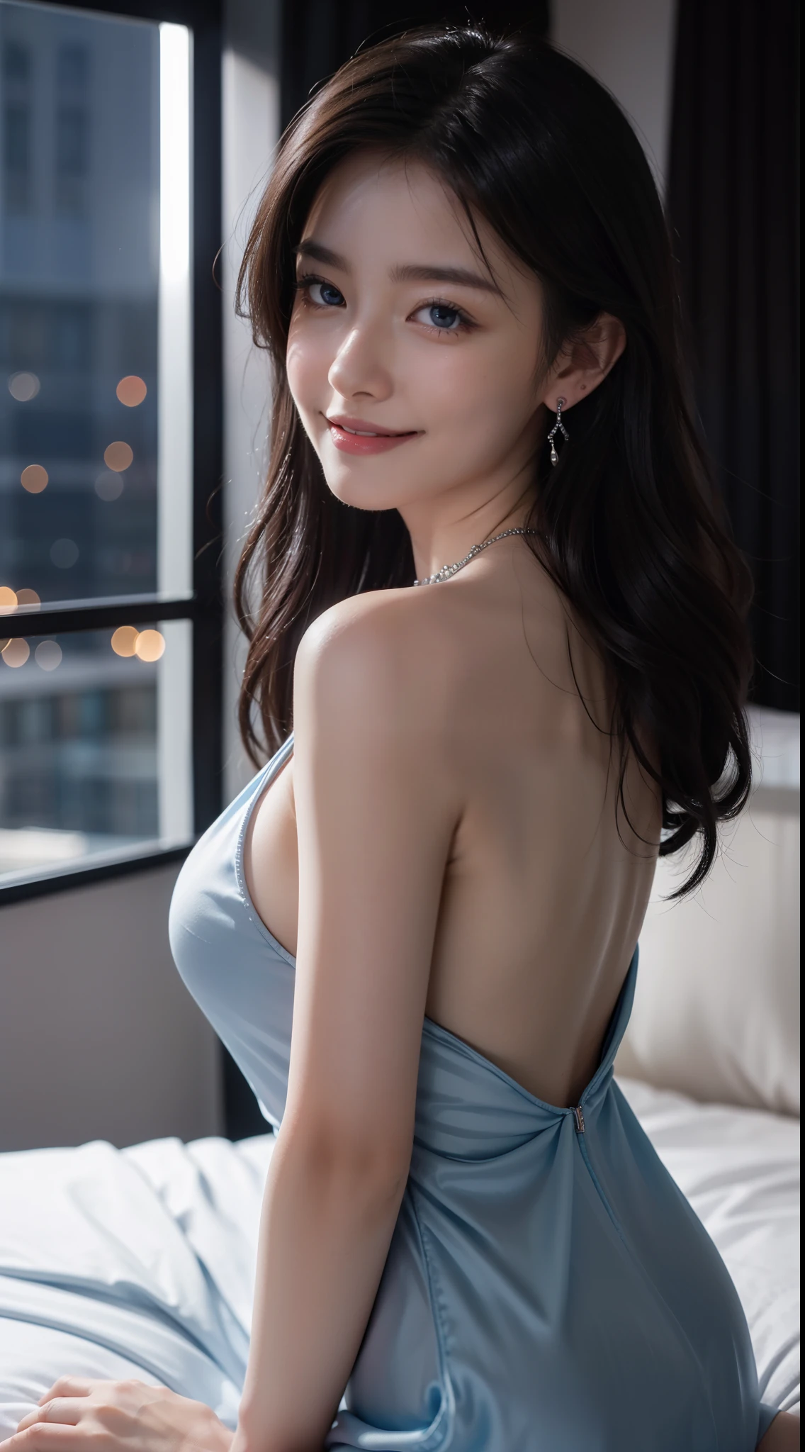 8k, masterpiece, RAW photo, best quality, photorealistic, extremely detailed CG unity 8k wallpaper, Depth of field, Cinematic Light, Lens Flare, Ray tracing, (extremely beautiful face, beautiful lips, beautiful eyes), intricate detail face, ((ultra detailed skin)) 1girl, in the dark, deep shadow, pretty asian girl, ((looking at viewer)),(big smile), (blurry background), midnight, (pretty girl), earrings, bracelets, necklace, clear eyes, close up shot, (pale skin), face forward, (big eyes), (looking at viewer), large breasts ,((smile)), rooftop, dim lights, big windows, bed, ((night)), cityscape, blue eyes, silver dress, open breast