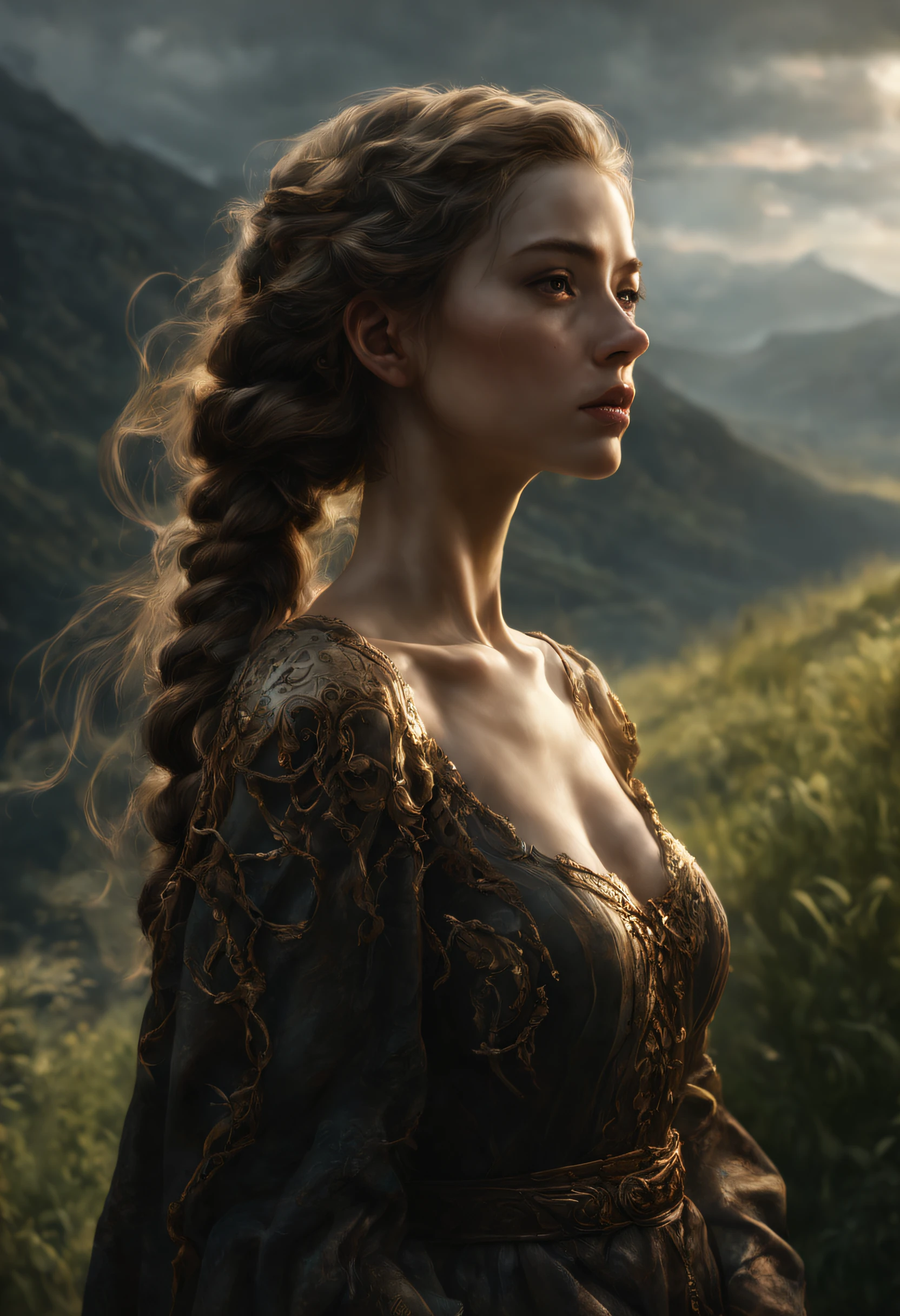 Close-up, beautiful woman sideways to the viewer, standing on the steep bank of the river and looking into the distance, surrounded by endless meadows, braids, peaceful atmosphere, mountain background, hiking, concept art of pinot daeni, jeremy mann, complex background, complex poses, baroque, romanticism, surrealism, filigree, digital art, oil painting, chiaroscuro, CG, 32k, OLED, Dark moody, Dark texture, smooth, atmospheric, high res, detailed, dark angle, high contrast, mystical, rough shading, hyper detailed, hyper realistic, masterpieces, reward, thick strokes, vivid color, rich vivid colors, cool colors, cinematic lighting, sunburst, smoke, hair light, back light, volumetric light, film light, dynamic light, octa-render, artstation trend, good anatomy, sf, intricate artwork masterpiece, ominous, matte painting movie poster, golden ratio, trending on cgsociety, intricate, epic, trending on artstation, by artgerm, h. r. giger and beksinski, highly detailed, vibrant, production cinematic character render, ultra high quality model