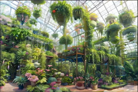 a close up of a group of statues in a garden, cloud forest, all growing inside an enormous, huge greenhouse, hanging gardens, adorned with all kind of plants, lush gardens hanging, vegetal architecture, over grown botanical garden, inside an alien jungle, ...