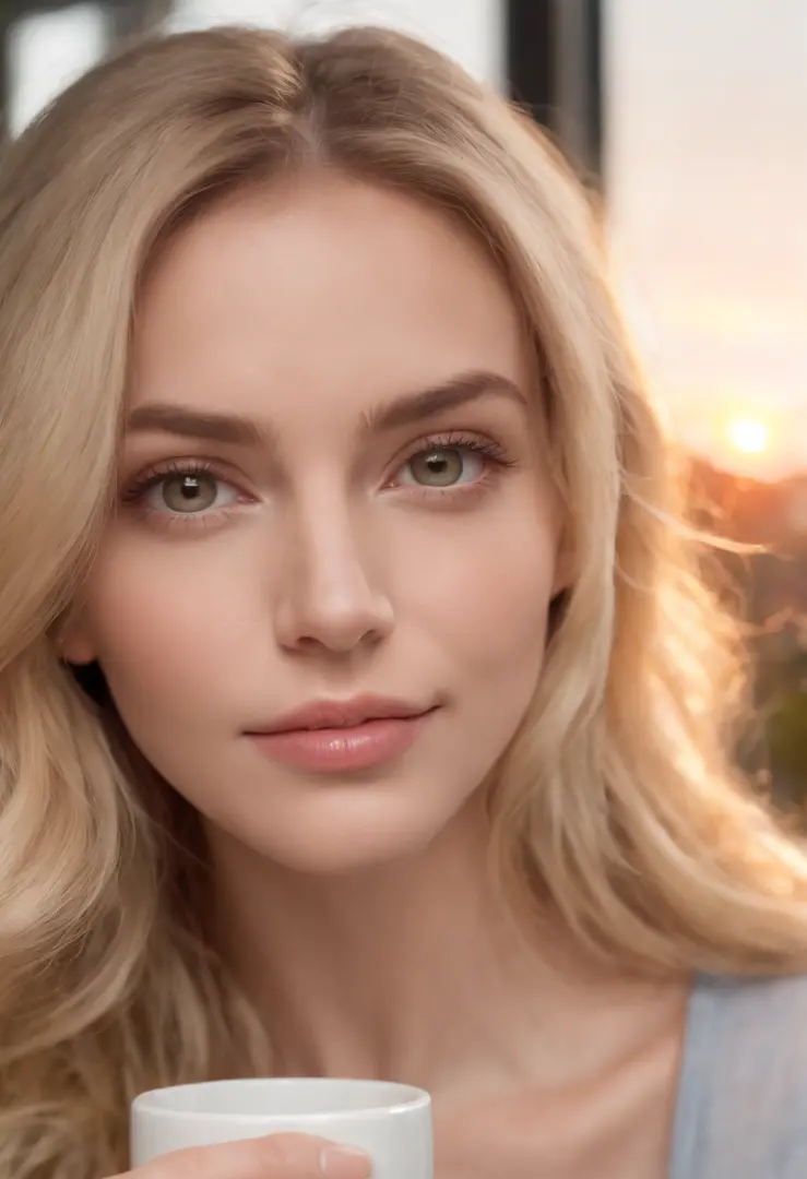 Jolie belle blonde avec pull jaune (Drinking coffee in a modern café at sunset), highly detailed, 14 ans, visage innocent, naturally wavy hair, yeux bleus, high resolucion, шедевр, Meilleur Qulaity, intricate high detail, highly detailed, mise au point net...