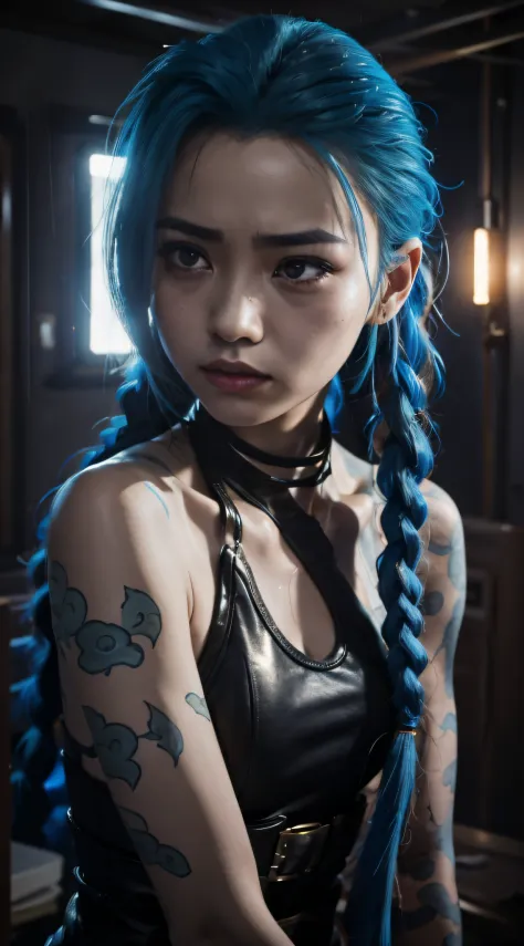 Jinx，Jinx blue hair，（Cinematic tones）（The film uses cool colors of blue and gray）（Wet clothes：1.9）,（Get wet all over your body：1...