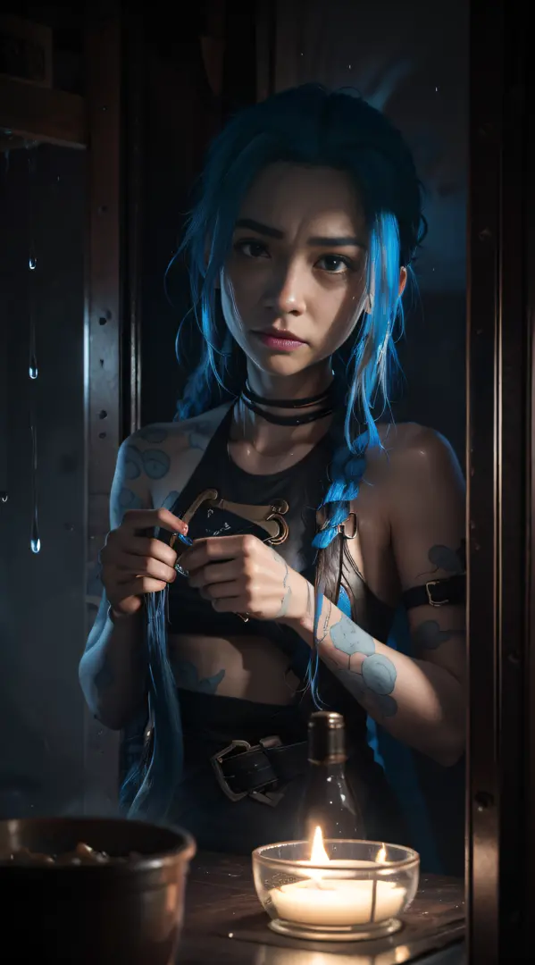 jinx，jinx blue hair，（cinematic tones）（the film uses cool colors of blue and gray）（wet clothes：1.9）,（get wet all over your body：1...