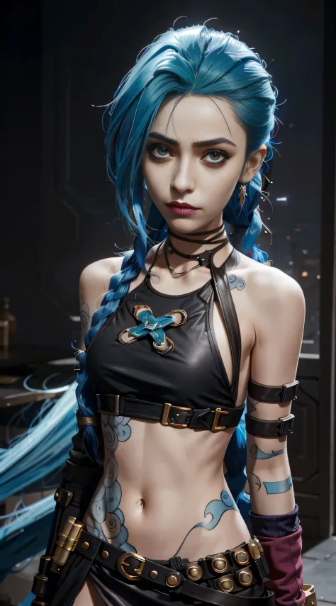 there is a woman with blue hair and a black top, portrait of jinx from arcane, jinx from arcane, jinx from league of legends, rococo cyberpunk, Cyberpunk Style ， Hyperrealistic, loba andrade from apex legends, ornamental gothic - cyberpunk, Hyper-realistic...