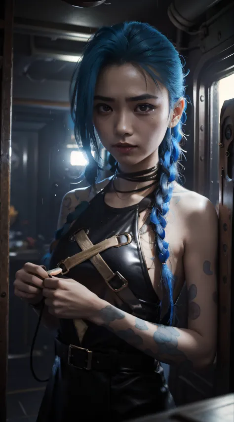 Jinx，Jinx blue hair，（Cinematic tones）（The film uses cool colors of blue and gray）（Wet clothes：1.9）,（Get wet all over your body：1...