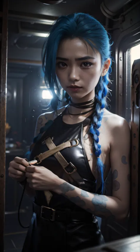 jinx，jinx blue hair，（cinematic tones）（the film uses cool colors of blue and gray）（wet clothes：1.9）,（get wet all over your body：1...