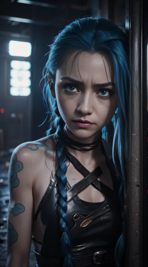 Jinx，Jinx blue hair，（Cinematic tones）（The film uses cool colors of blue and gray）（Wet clothes：1.9）,（Get wet all over your body：1.9）,Top image quality, tmasterpiece, 超高分辨率, （Fidelity：1.4）, stunningly beautiful woman, （Deeply condolences）, , dim murky lights...