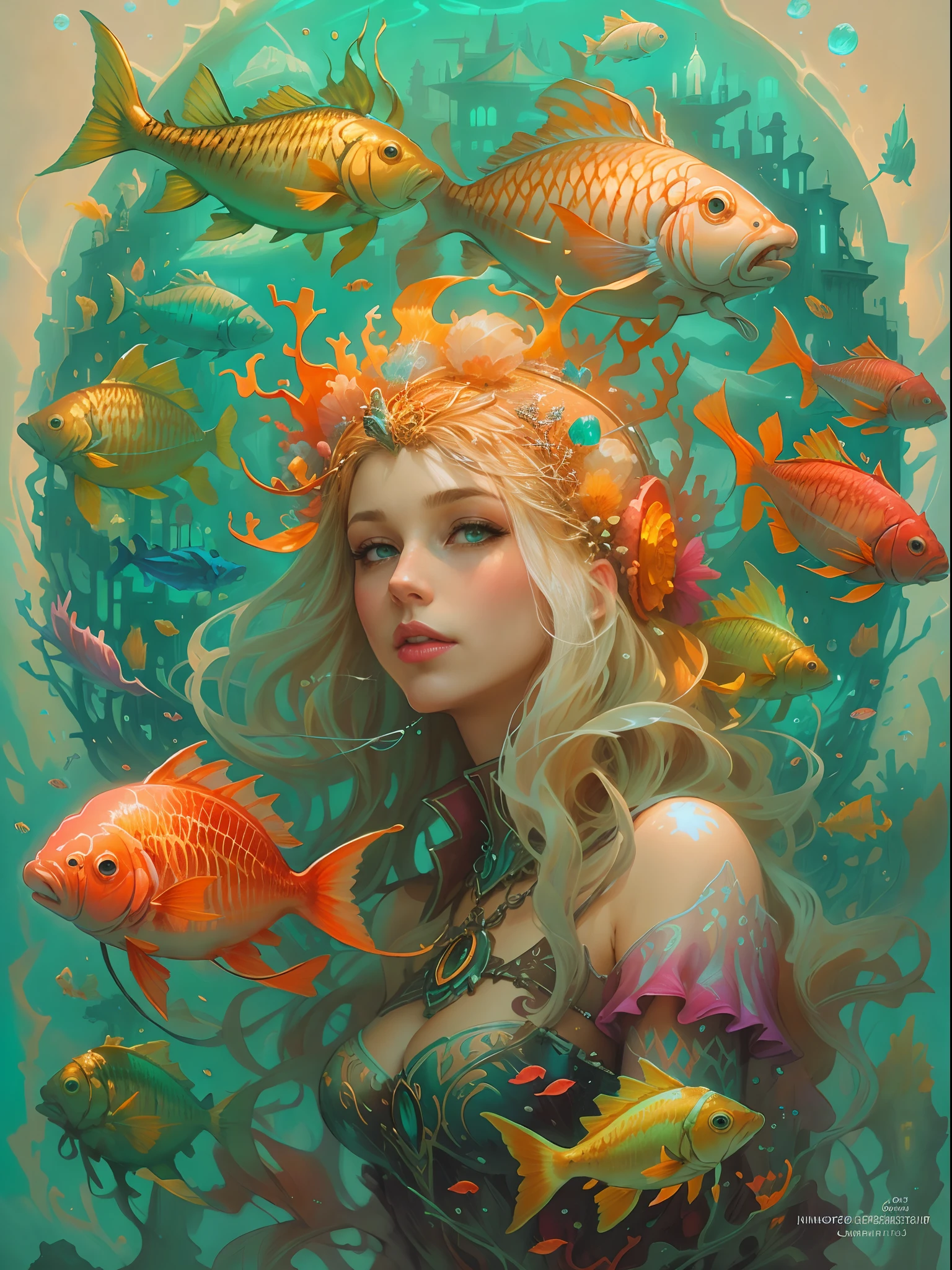tmasterpiece，（（castle in distance：1.4，）），Fantastic underwater city。（Queen of mermaids under the sea，Golden hair，The coral reef is worn on his head，Beautiful bright eyes），surrounded with fishes, Lots of fish，Schools of fish swam towards her，the reef，airbubble，Underwater construction，dan mumford tom bagshaw, jen bartel, Fantasy art Behance, mohrbacher, Fantasy art style, Detailed fantasy illustration, A beautiful artwork illustration, fantasy art illustration, style of peter mohrbacher, peter mohrbacher''，Official artistic aesthetics，