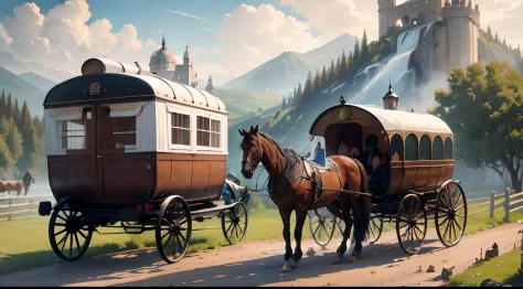 A parked two-horse box carriage, its roof is full of luggage. A woman dressed as a man is giving water to horses.