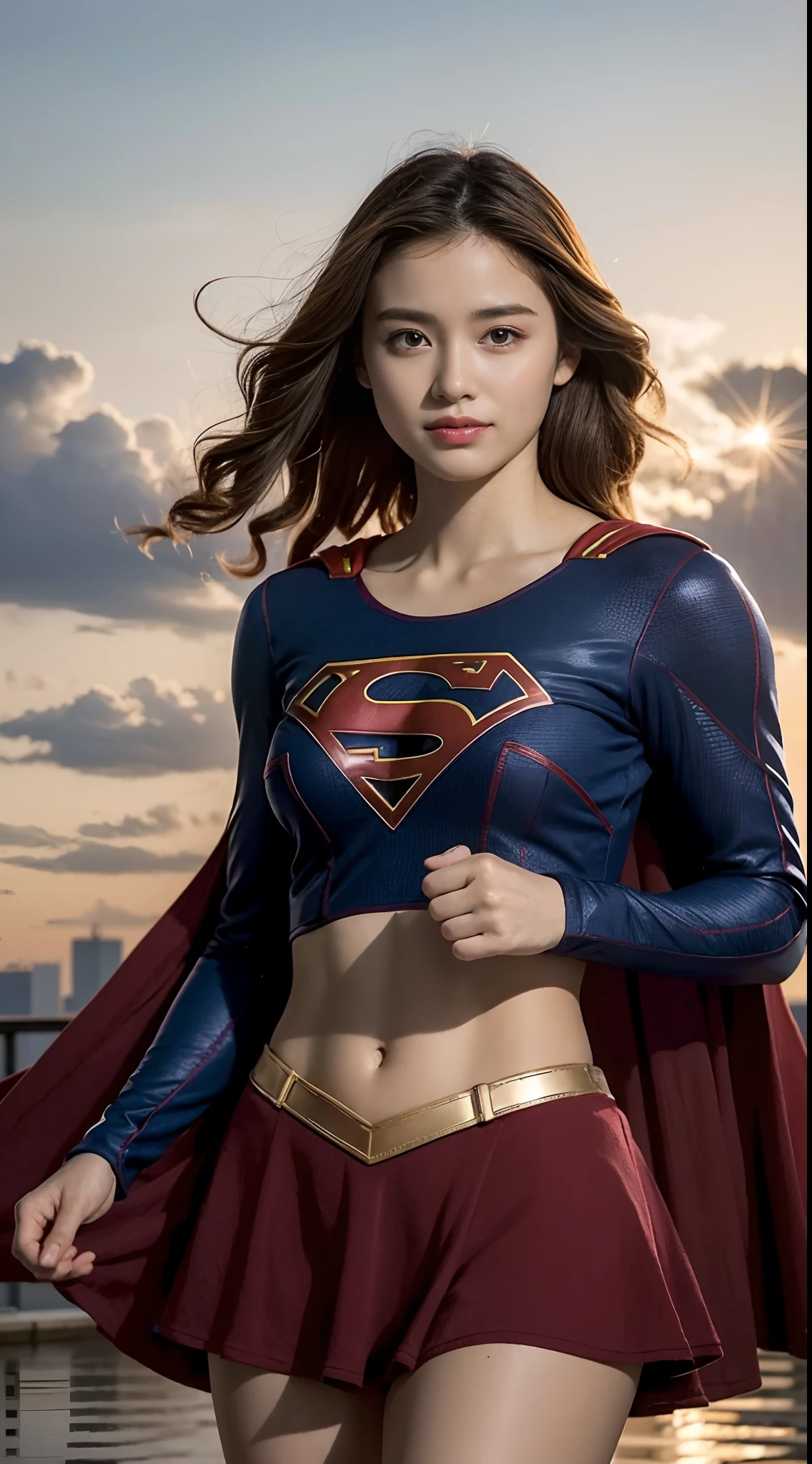 (Photorealistic:1.37), Highest Quality, masutepiece, 超A high resolution, (Healthy skin tone), BREAK, Solo, Cinematic, fighting poses, (She wears DC's Supergirl costume suit:1.2), S mark on chest, Red short skirt, Long Red Cloak, A fearless smile appears on her beautiful face, Elegant, Light brown short hair, Beautiful body like a supple athlete, Very sparkly oily skin, Large breasts, Big hips, plein air, Skyscraper Area, BREAK, Highly detailed beautiful eyes and face, Detailed fabric texture, Insanely detailed realistic skin texture, (Correct body balance), Top-quality lighting that doesn't darken your face when backlit