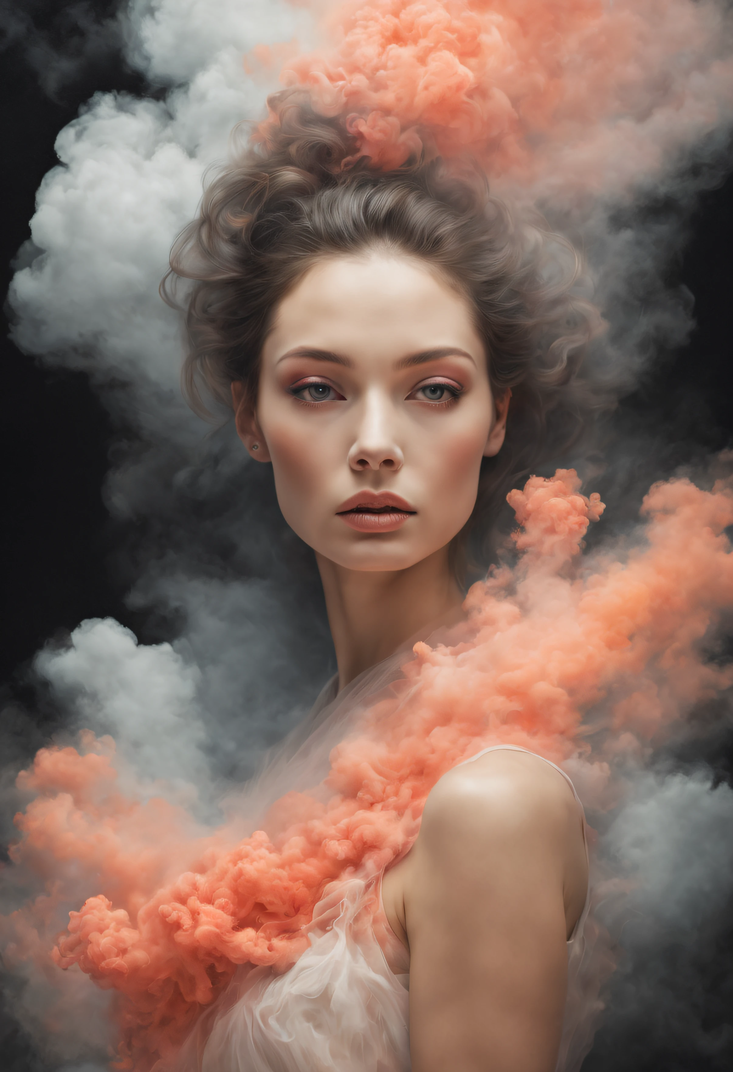 portrait of a woman covered in cloud of smoke, whirlwind, coral highlight colors, coral make-up, hints of pastel, misty, seductive, sultry, breathtaking, oil painting style, artistic, aesthetic modern art, hyper-realism