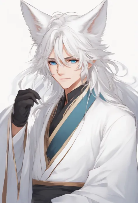 long  white hair，blueneyes，Fox ears，White robe，schoolboy