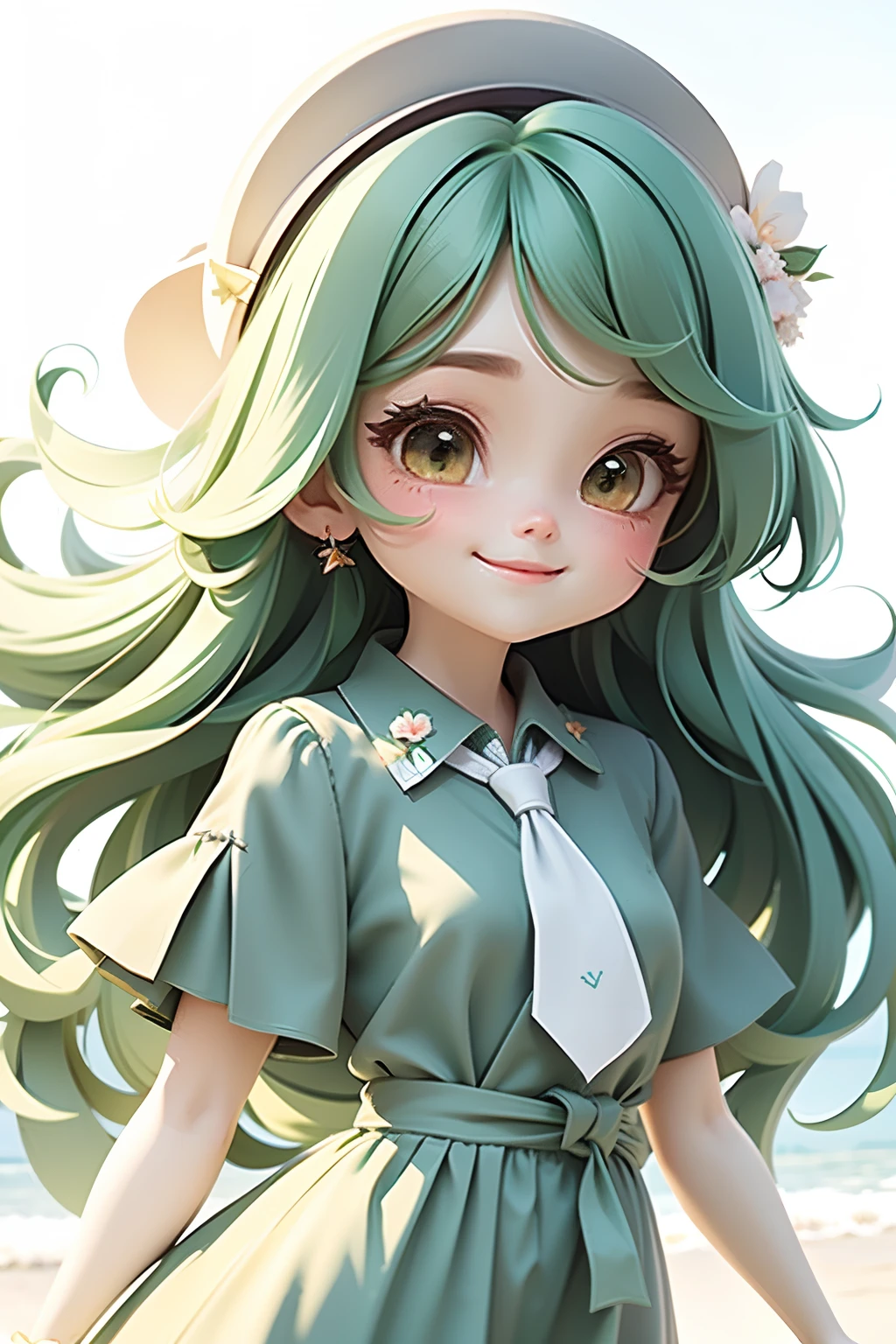 lolli girl in princess long dark green emerald dress with flower style, dark green  hair, cute smile , cap, cute ribbons, necktie, beach summer