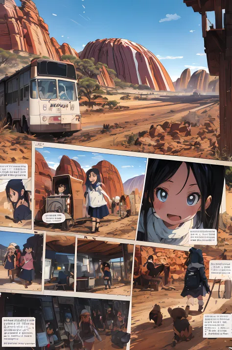 comic_panel_layout:1.3, little girl goes to the australian outback to see ayers rock
