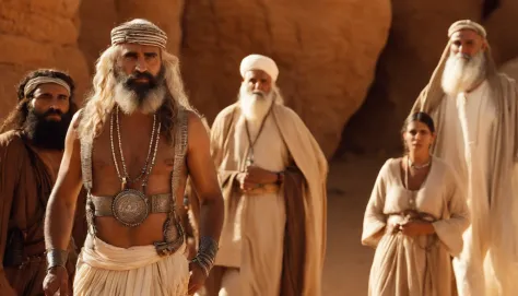 Naked women, and Man with long beard and white beard standing in the desert area, Lead the clan, young nude women  Israelis dressed in 36864K movies, still from live action movie, live-action movie scenes, 16384k film, still image from tv series, cinematic...