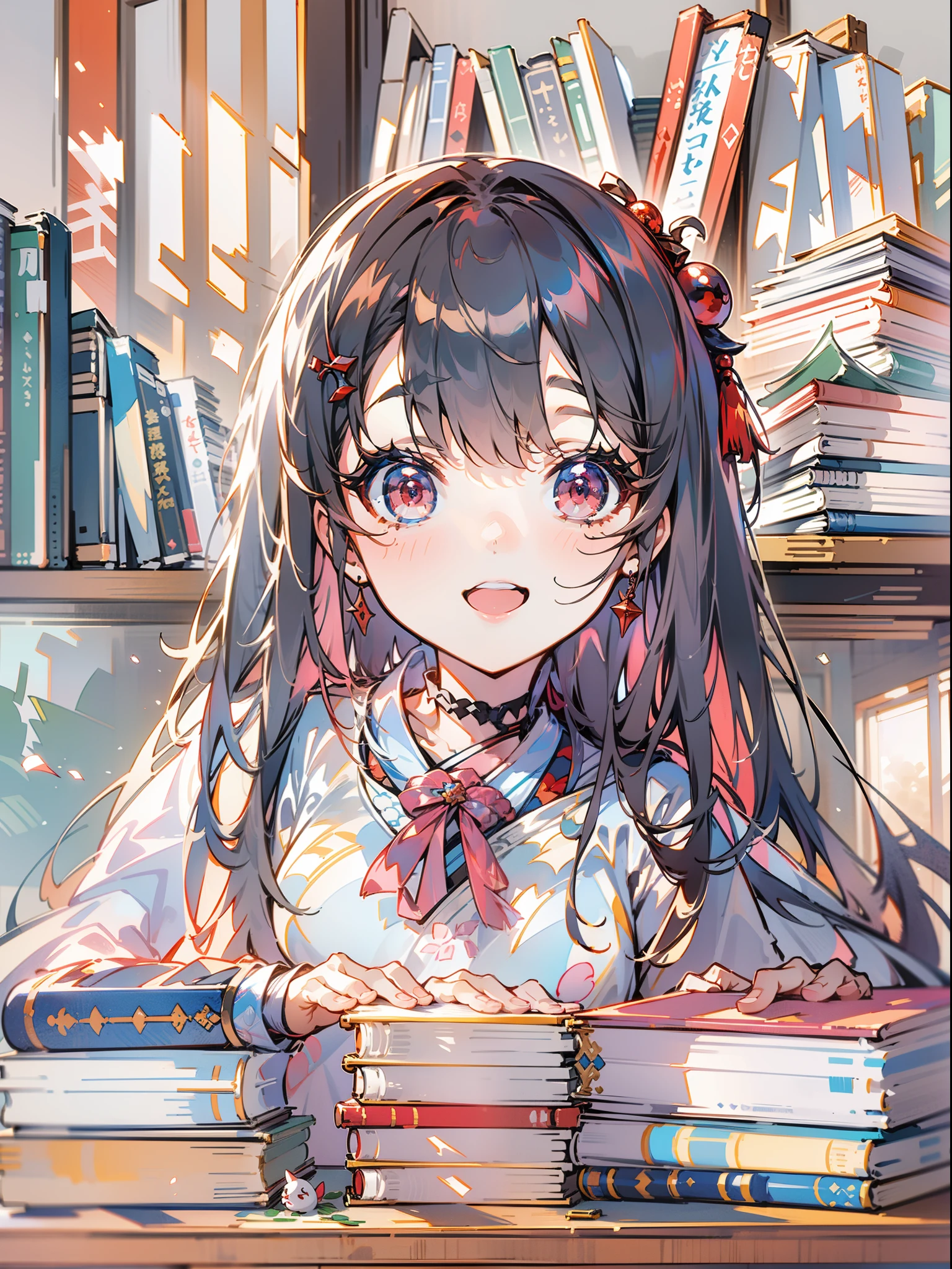 ((obra maestra,mejor calidad))1 chica, solo, estante para libros, pila de libros, suzuno, adentro, adorno para el pelo, yuina, ojos rojos,