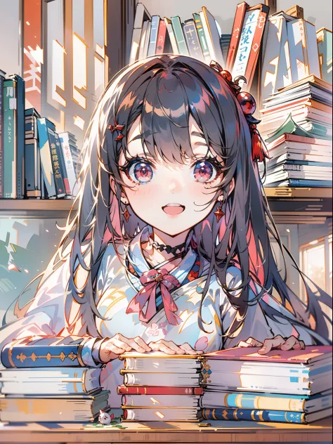 ((masterpiece,best quality))1girl, solo, bookshelf, pile of books, suzuno, indoors, hair ornament, yuina, red eyes,
