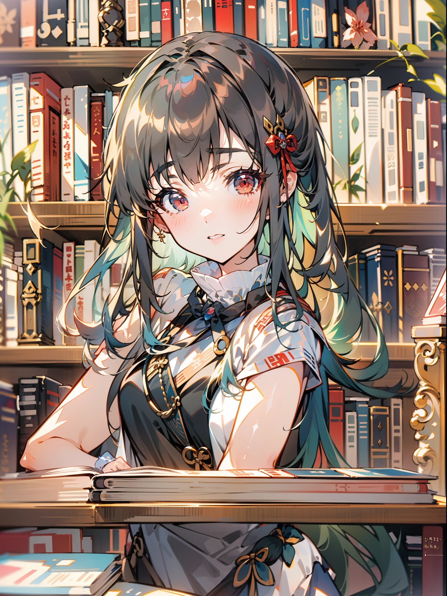 ((Obra de arte,melhor qualidade))1 garota, Sozinho, estante, pilha de livros, Suzuno, dentro de casa, hair ornament, Yuina, olhos vermelhos,