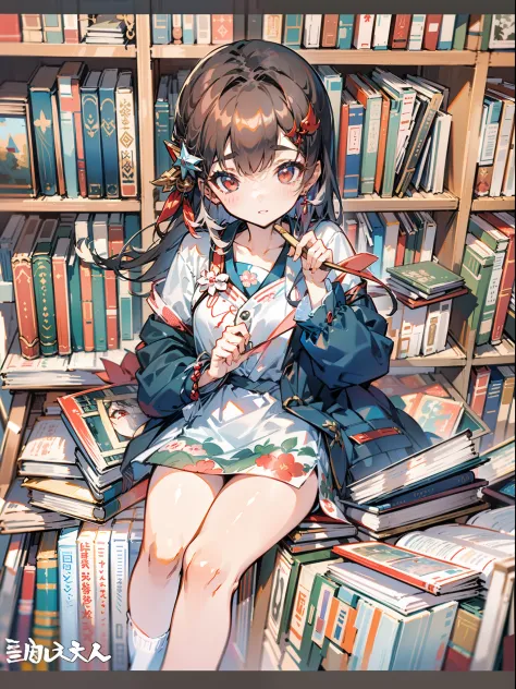 ((masterpiece,best quality))1girl, solo, bookshelf, pile of books, suzuno, indoors, hair ornament, yuina, red eyes,