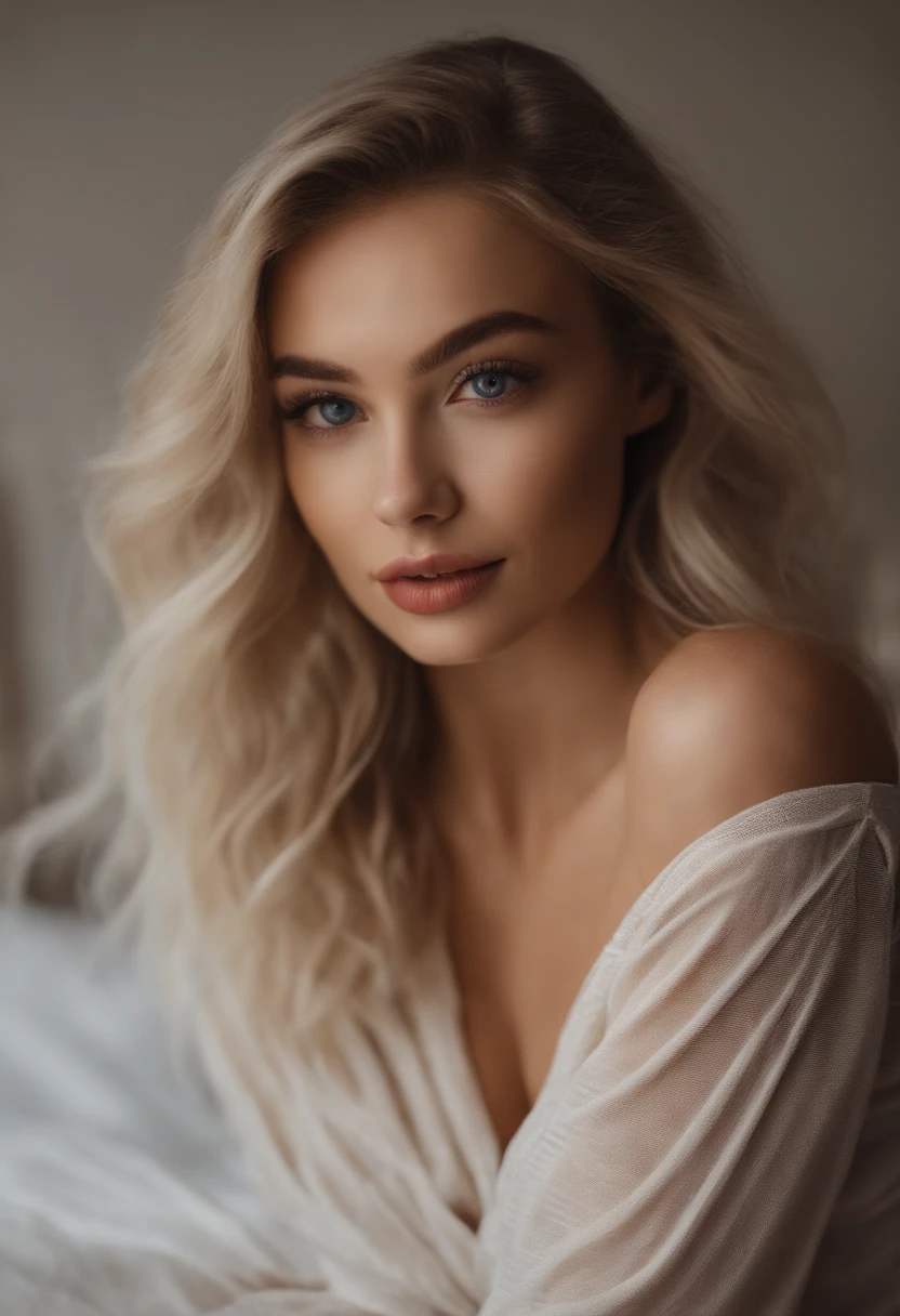 A woman with long blonde hair and blue eyes posing on a bed - SeaArt AI