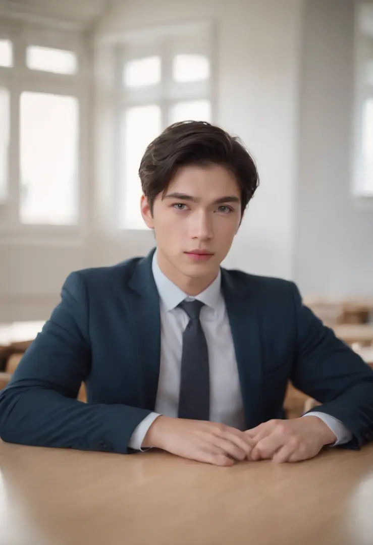 Masterpiece, High quality, Best quality, Beautiful, HD, Realistic, Perfect lighting, Detailed face, Detailed body, 1 man, Black hair, Blue eyes, Masculinity, Suit school uniform, (Dull expression: 1.5) (Face natural: 1.5), Sitting in the classroom