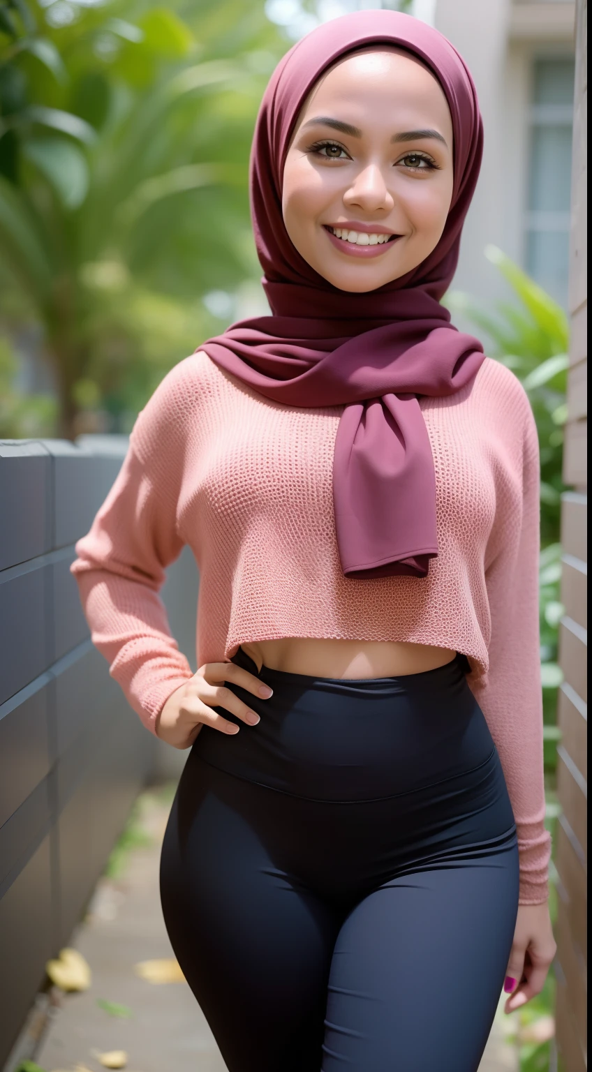 A close up of a woman wearing a pink sweater and black pants - SeaArt AI