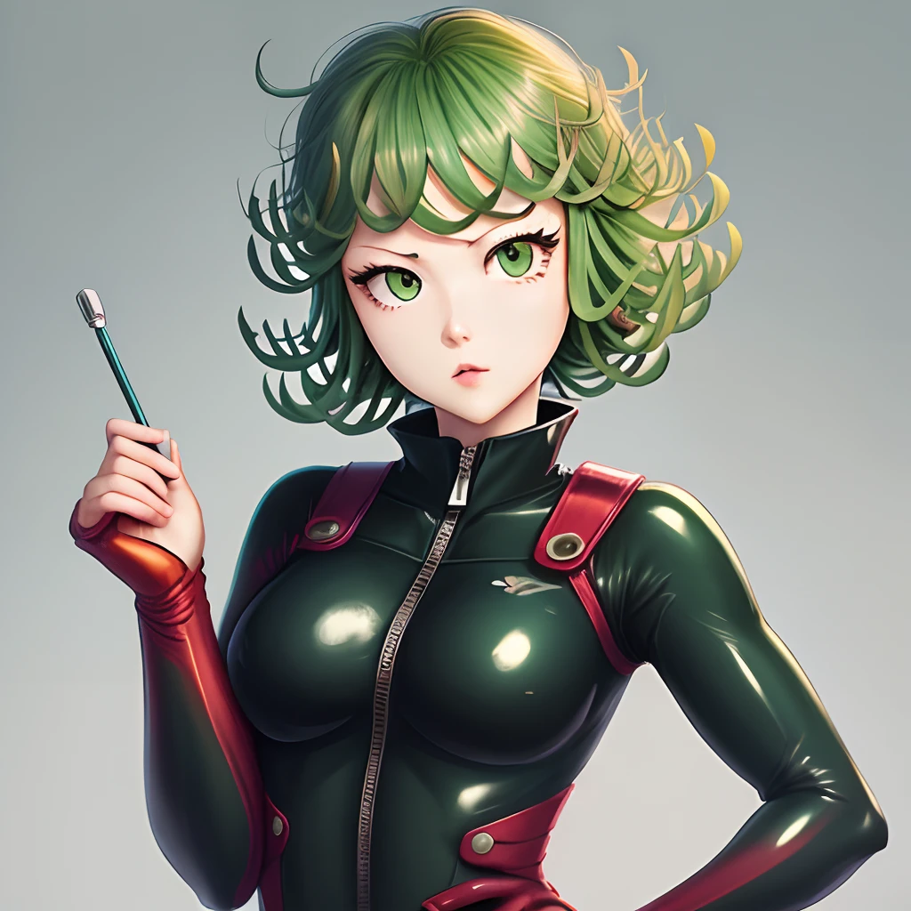 Anime girl in green and red outfit holding a cell phone - SeaArt AI