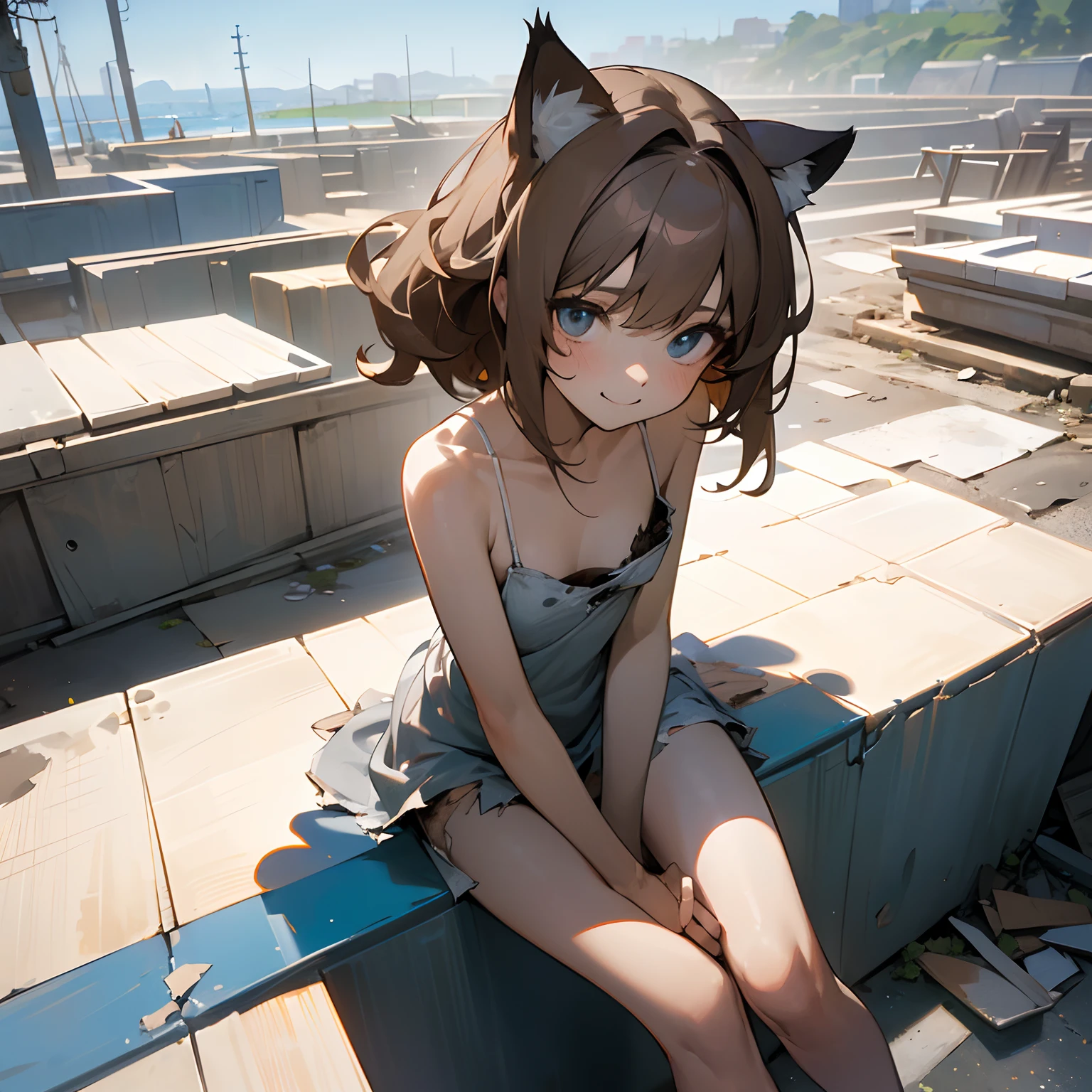 Anime girl sitting on a ledge with a cat ears on her head - SeaArt AI