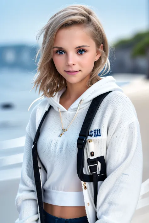 a woman, white sweater, midnight at the beach, perfect face, clear eyes, perfect day, close up, waves in background, [smiling:0....